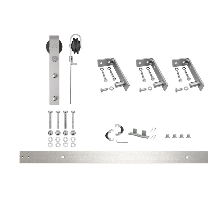 Ensemble de quincaillerie de porte de grange coulissante simple / une porte de grange coulissante simple en nickel brossé simple / simple, avec rail plat de 4 pieds de long, pour une porte intérieure (portes non incluses)
