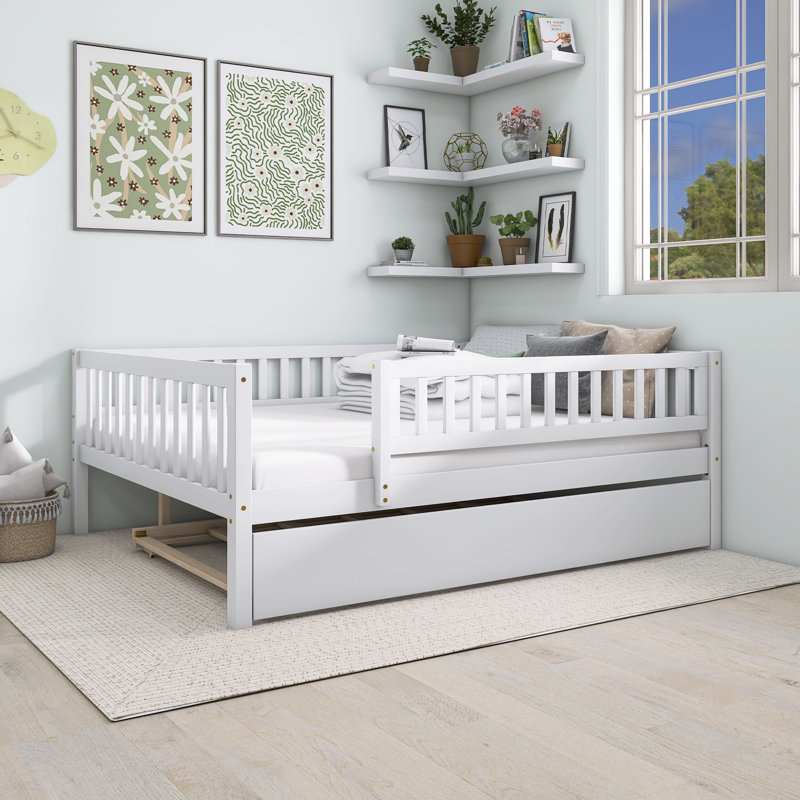 White Full Size Wood Daybed With Trundle And Fence Guardrails