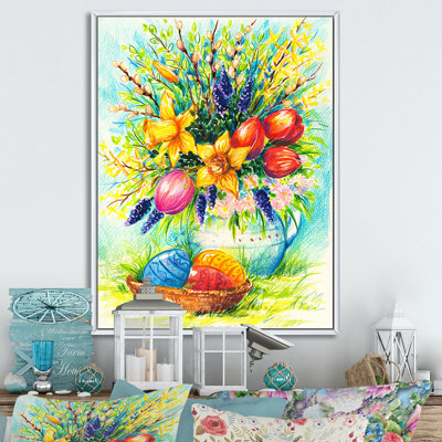 Bouquet de fleurs et œufs de Pâques - œuvre d'art traditionnelle sur toile
