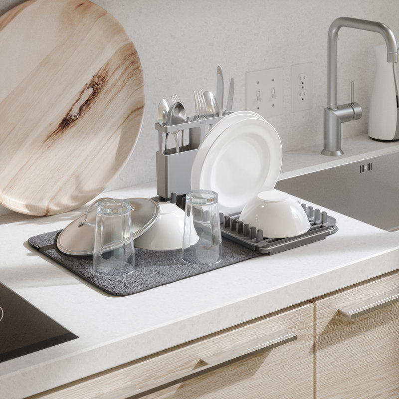 Charcoal Gray Foldable Over the Sink Dish Rack with Utensil Cup