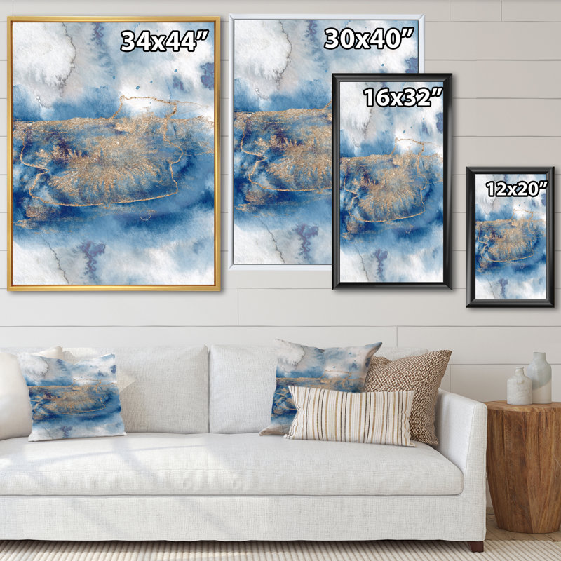 Abstrait classique bleu et or I - peinture sur toile, H 40 po x l 30 po, Cadre flottant noir