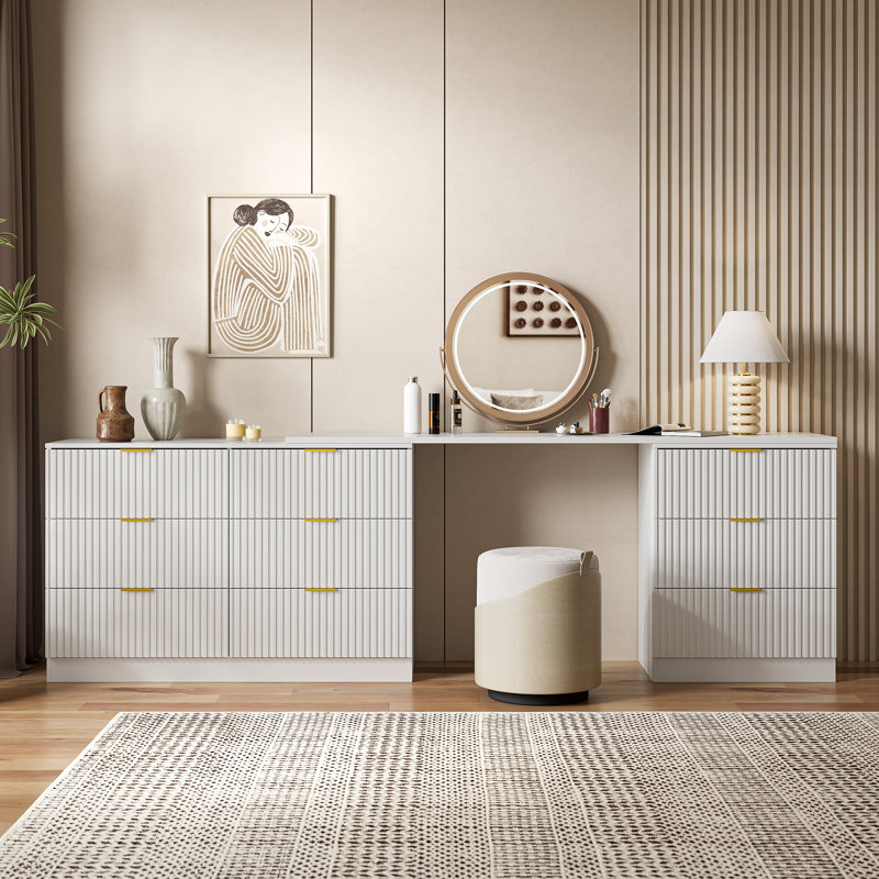 Bureau à domicile en L, commode extensible avec 9 tiroirs jusqu'à l 102 po, Blanc