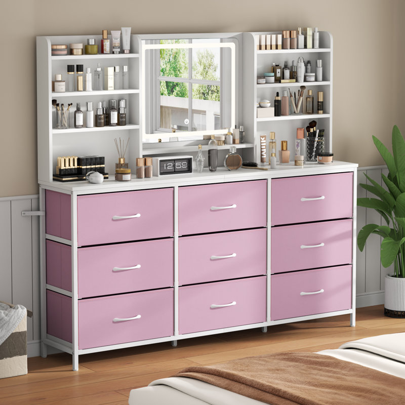 59" Vanity Desk With Mirror And Adjustable Led Lights, Makeup Table With 9 Large Fabric Drawers, Pink/White
