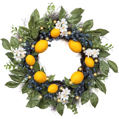 Couronne de citron artificielle d'été pour porte d'entrée avec lumières et minuterie