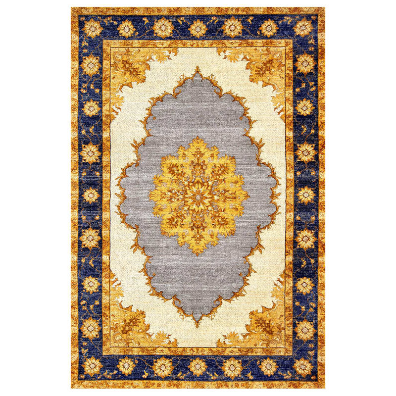 Notton Yellow Gray Oriental Machine Printed Cotton Polyester Area Rug, Runner 4' x 13'2"