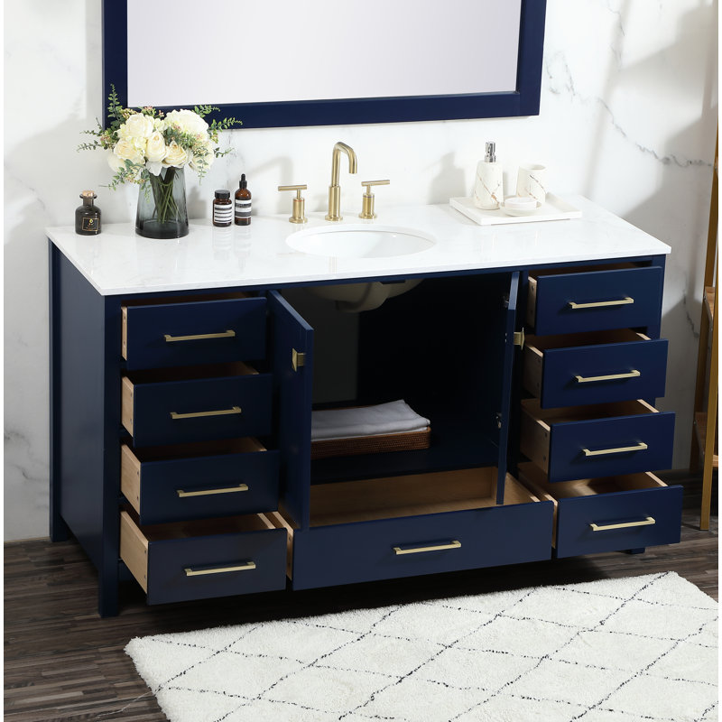 Meuble-lavabo simple 60 po avec plateau en marbre Hines, Bleu