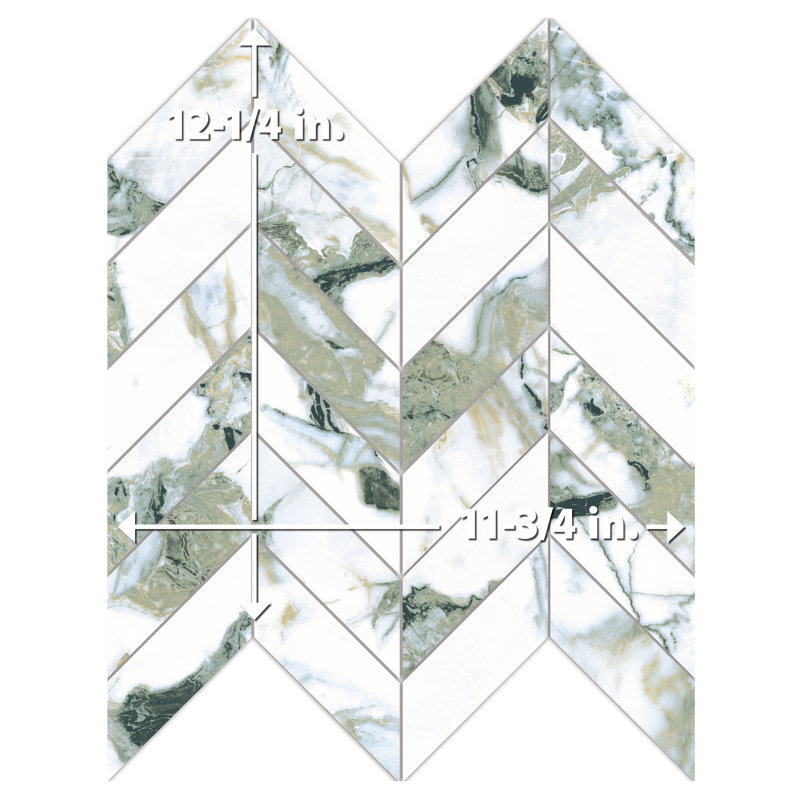 Touche Chevron 11-3/4 In. X 12-1/4 In. Porcelain Mosaic Tile, Green/White