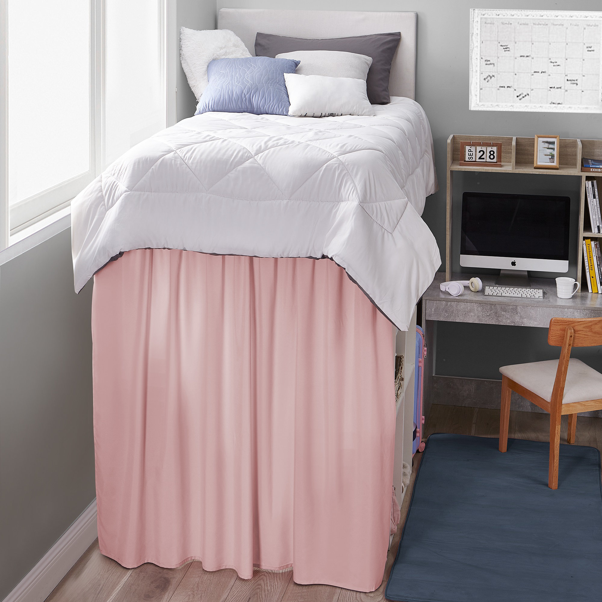 DormCo Dorm Sized Bed Skirt Panel With Ties (1 Panel) Silver Pink