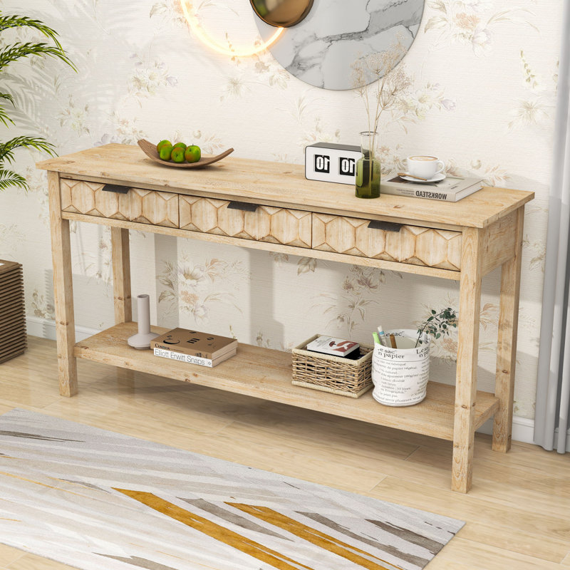Rustic Honeycomb Entryway Console Table with 3 Storage Drawers and Open Shelf, Natural
