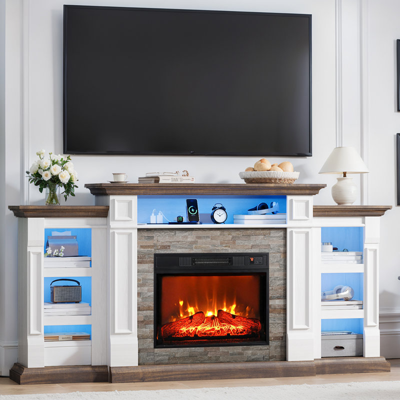 72" Fireplace TV Stand for TVs up to 80" with Fireplace Included, Entertainment Center with Charging Station & LED Light, White Brown
