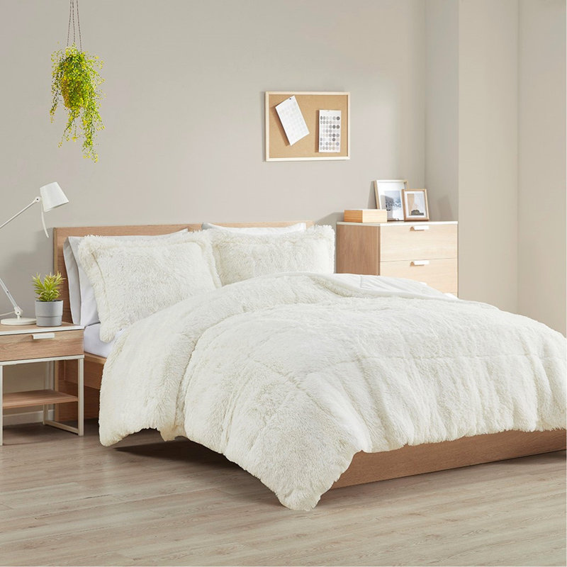 Ensemble d'édredon à poil long simple / simple TG, Twin/Twin Extra Long Comforter + 2 Shams, Ivory