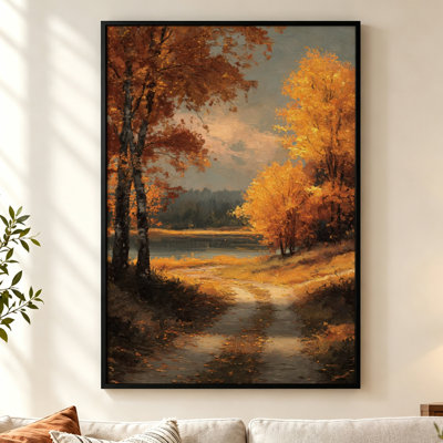 Fall Lake Landscape Canvas Print with Black Floater Frame, Golden Autumn Forest Path Framed Wall Art for Bedroom, 30" H x 20" W