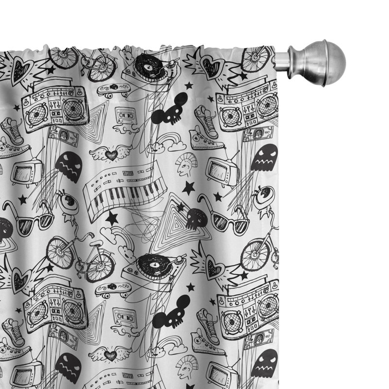 Punk Teenage Pattern Cassette Keyboard Ghost Heart and Boombox Doodle, Lightweight Decorative Semi-Sheer Rod Pocket Curtain Panels