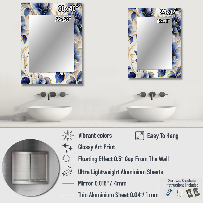Motif victorien filigrane bleu cobalt - miroir mural floral, chalet, miroir décoratif traditionnel, impression d'art en métal
