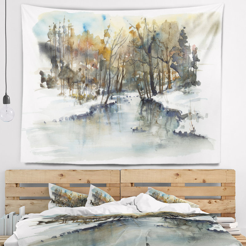 Tapisserie aquarelle Schafer Landscape River in Woods, H 32 po x l 39 po