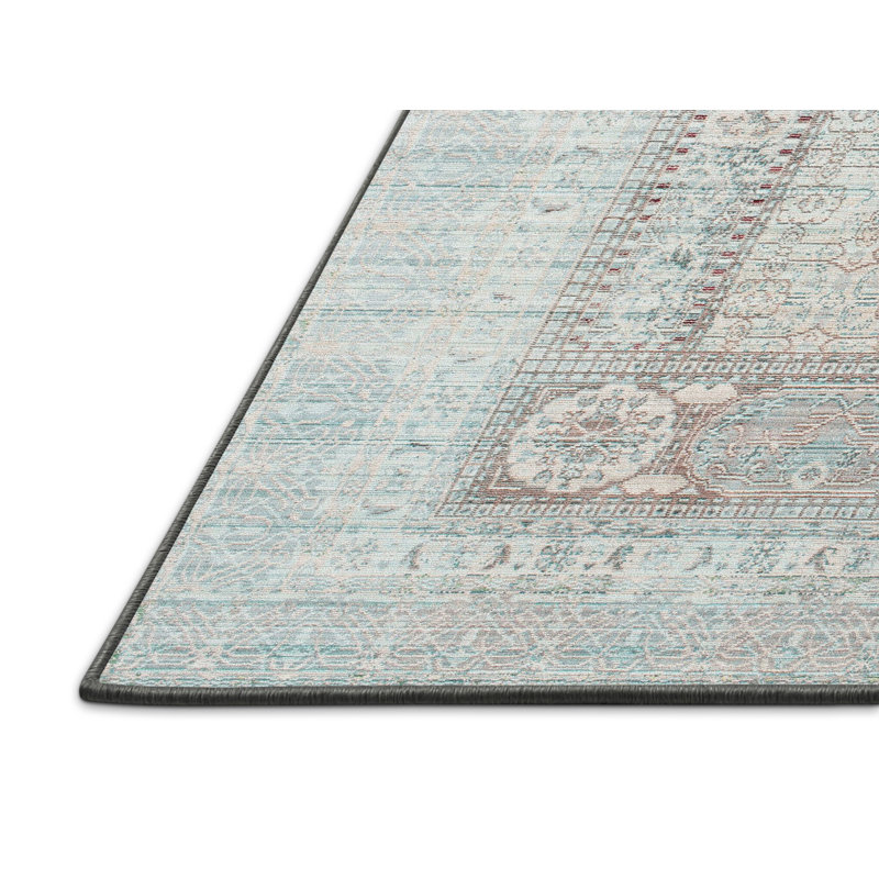 Tapis contemporain bleu ciel / gris, Rectangle 5 pi x 7 pi