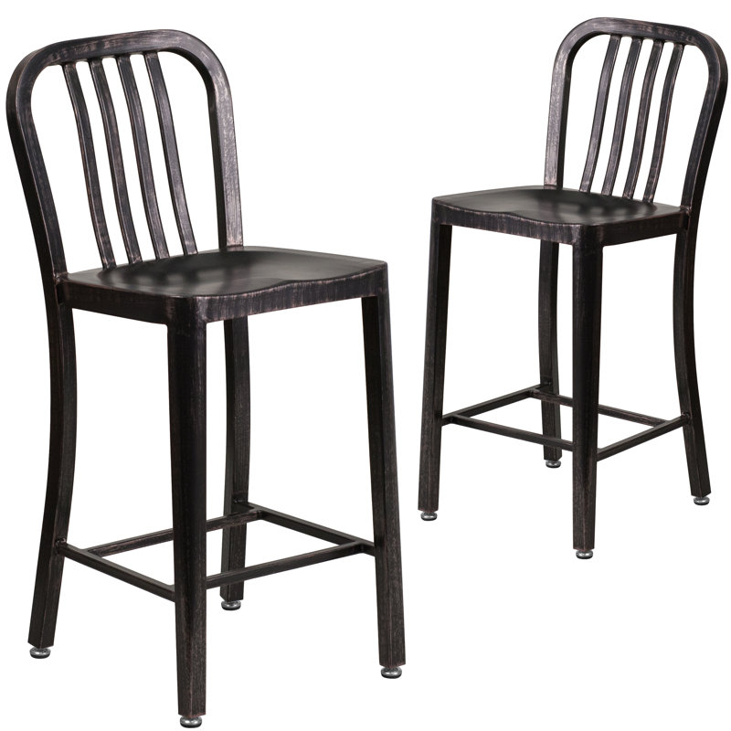 Commercial Grade Metal Indoor-Outdoor Stool with Vertical Slat Back, Light Black, Counter Stool (61cm Seat Height)