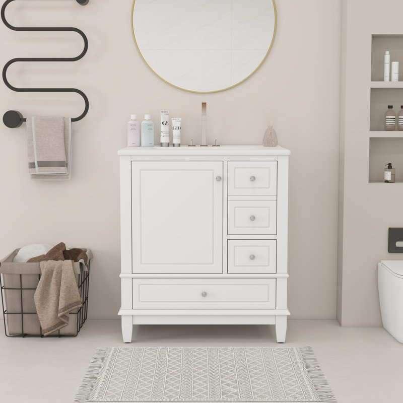30"Freestanding Bathroom Vanity with Ceramic Sink, White/Silver