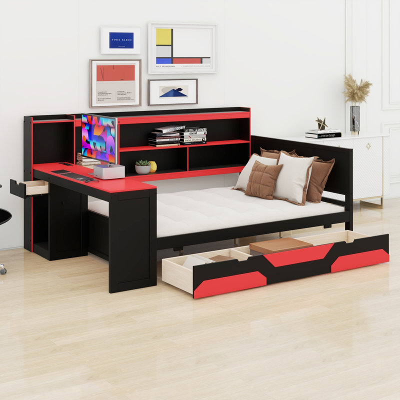 Lit de jour de style jeu avec lumières DEL, bureau intégré et 3 tiroirs de rangement, Double, Noir et rouge