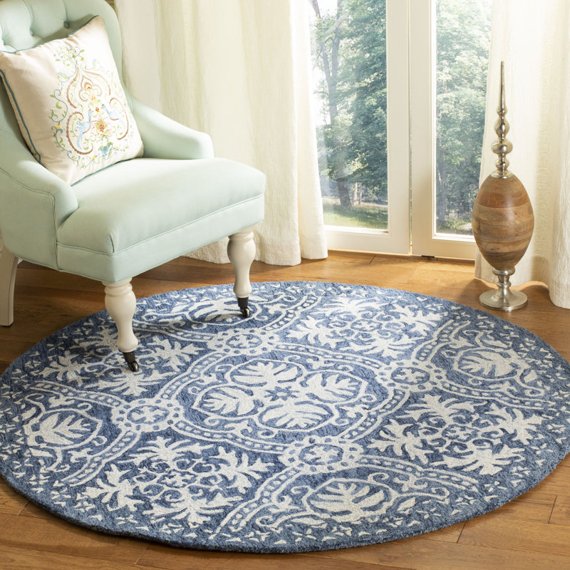 Tapis bleu / ivoire en laine et coton touffeté à la main Salerna, Rond 5 pi