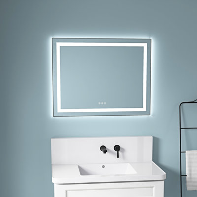 Miroir de salle de bain mural 91 x 71 cm avec éclairage DEL, effet brume, 3 couleurs, intensité variable, cadre en aluminium gris cendré, fonction mémoire, éclairage avant et arrière