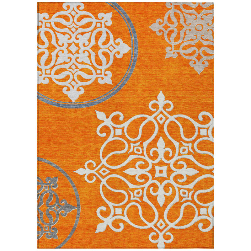 3' X 5' Orange Gray And Ivory Floral Medallion Washable Indoor Outdoor Area Rug