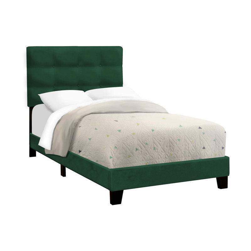 Lit, tapissier, chambre à coucher, velours juvénile avec cadre seulement, transitionnel, Vert