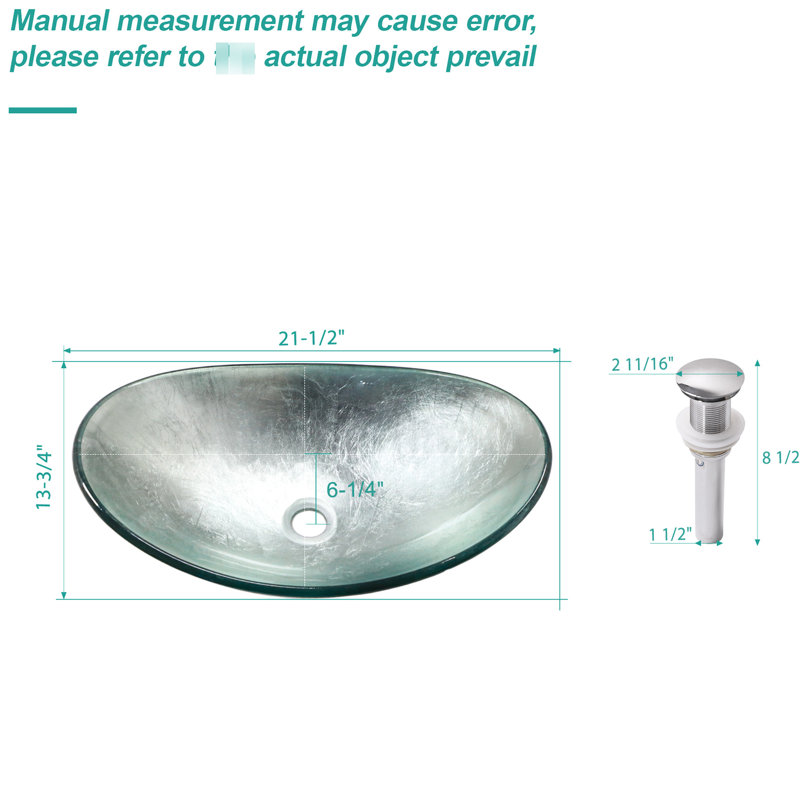 High - Quality Tempered Glass Silver Vessel Bathroom Sink, Pop Up Drain For Hassle Maintenance, 22.83 Inches Package Depth Boat Shaped Vessel, Smooth Water Flow, Above Counter Installation,