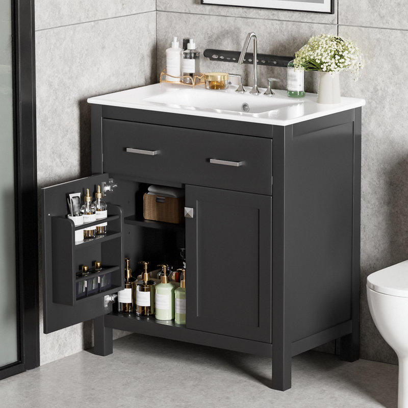 Meuble-lavabo moderne 30 po avec lavabo en céramique, portes à fermeture douce et rangement intelligent, Black