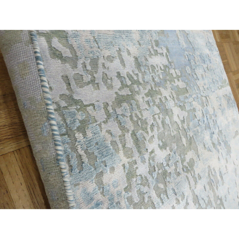 Tapis de la surface en laine de chemin en laine 3 pi x 13 pi 10 po one-of-kind noué la blue