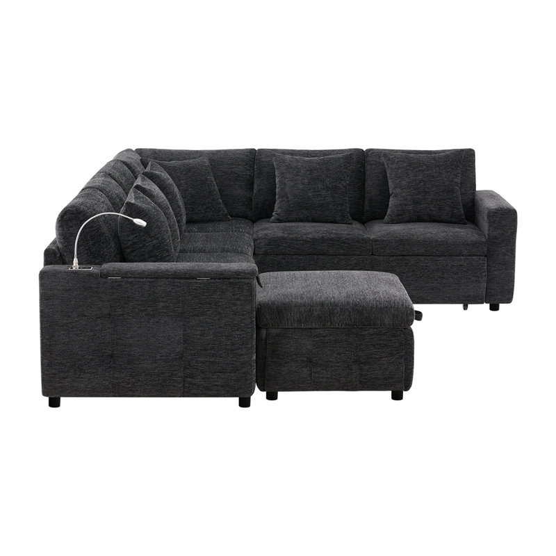 Canapé-lit modulaire coulissant 117 * 90 po avec panneau de table rabattable, lampe de lecture, ports de charge et repose-pieds avec rangement