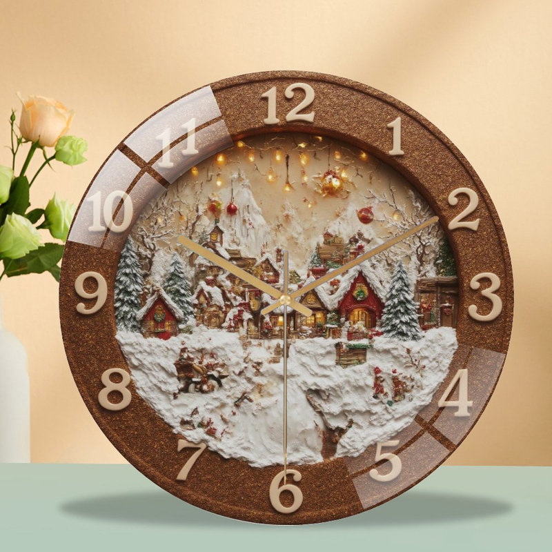 Horloge-Avec-Illuminée-Hiver-Village-Scène d'art - Horloge murale moderne en verre de 12 po
