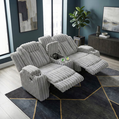 Light Gray Recliner Loveseat with Center Console Cup Holder Ultra Comfort Premium Corduroy Upholstery Living Room Furniture 1pc