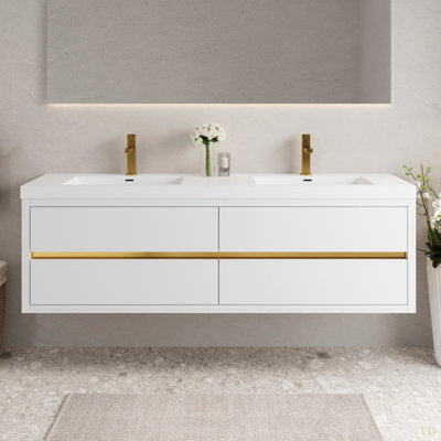 72" Wall-Mounted Bathroom Vanity With Double Sinks, Floating Bathroom Storage Cabinet With Stone Resin Countertop And Soft Close Drawers