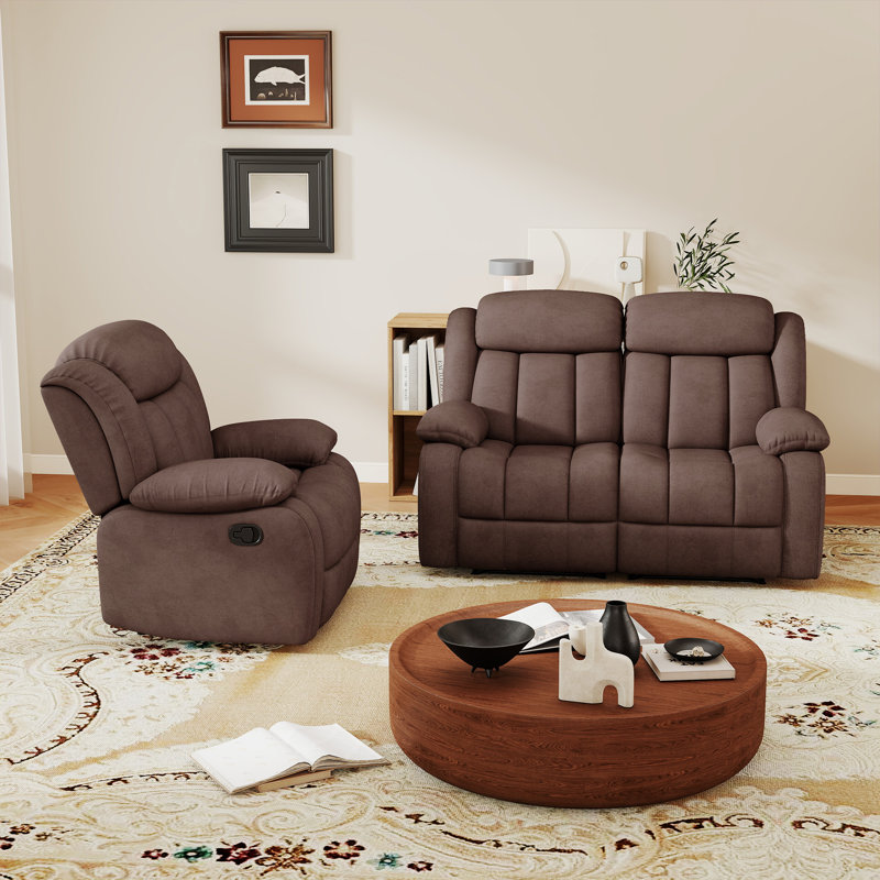 Ensemble 2 pièces de salon inclinable manuel en microfibre moderne, Brun, 2 pièces: causeuse, fauteuil