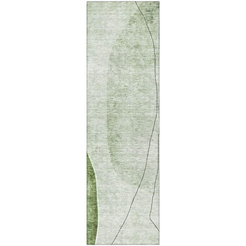 Premium Machine Washable Prisco Green Rug, Runner 2'3" x 7'6"