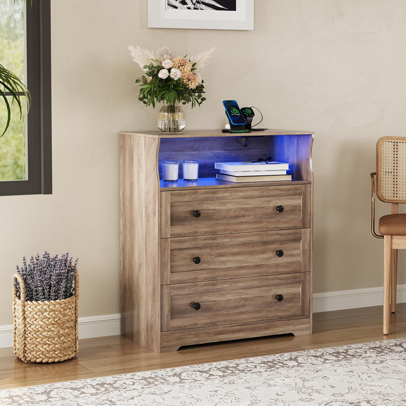 Modern 3 Drawer Small Wood Dresser, Charging Station LED Lights, Bedroom Closet Living Room Hallway, Bedside Organizer, Gray