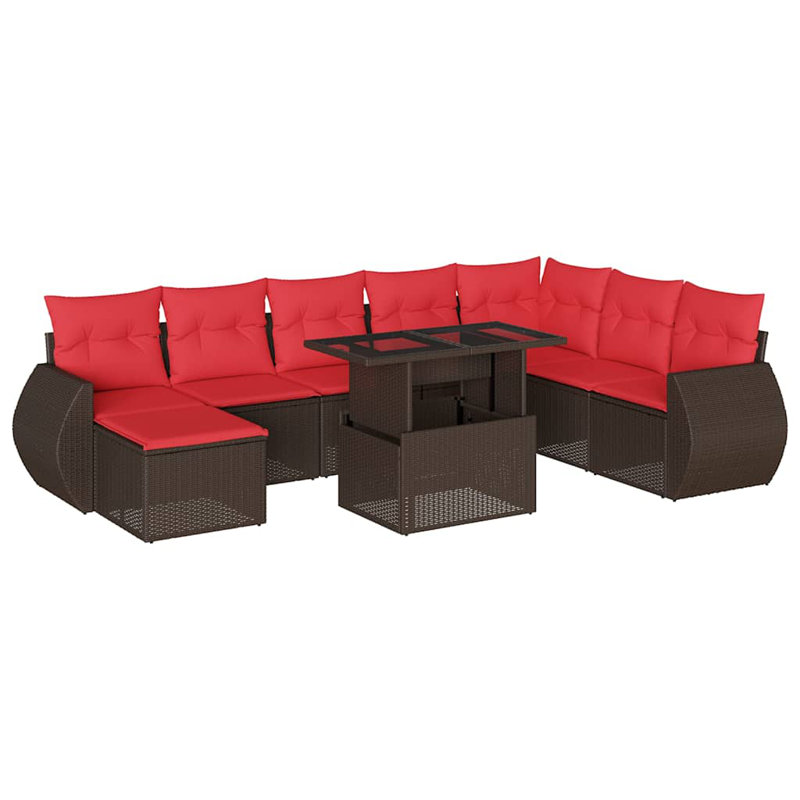 Ensemble de canapé de patio 9 pièces avec coussins en rotin de polyester, Rouge, Brun