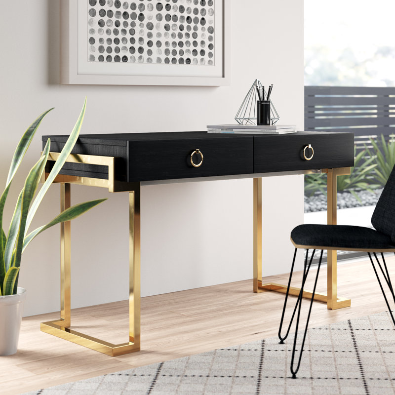 Pangea Home Julia Modern Contemporary Glam Office Desk – 2 Drawers - Wood Veneer with Steel Legs, Black/Gold