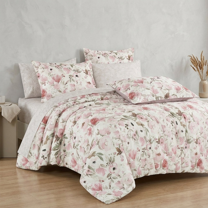 Ensemble d'édredon Floral Bed In A Bag, Édredon de très grande taille et 6 pièces suppl, Rose