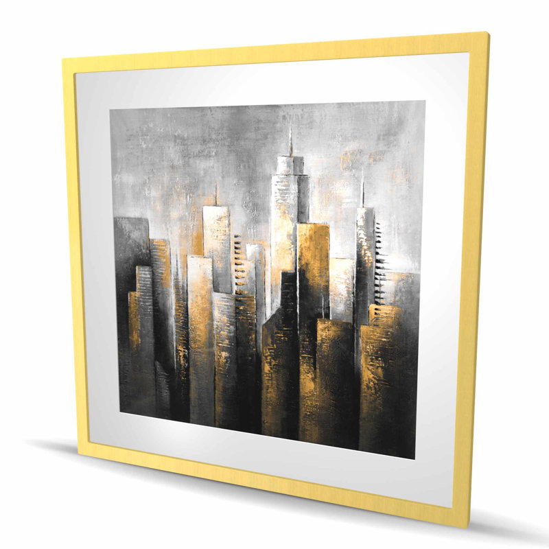 «Abstract Skyline» - Reproduction matte encadrée dorée contemporaine, H 36 po x l 36 po, Doré