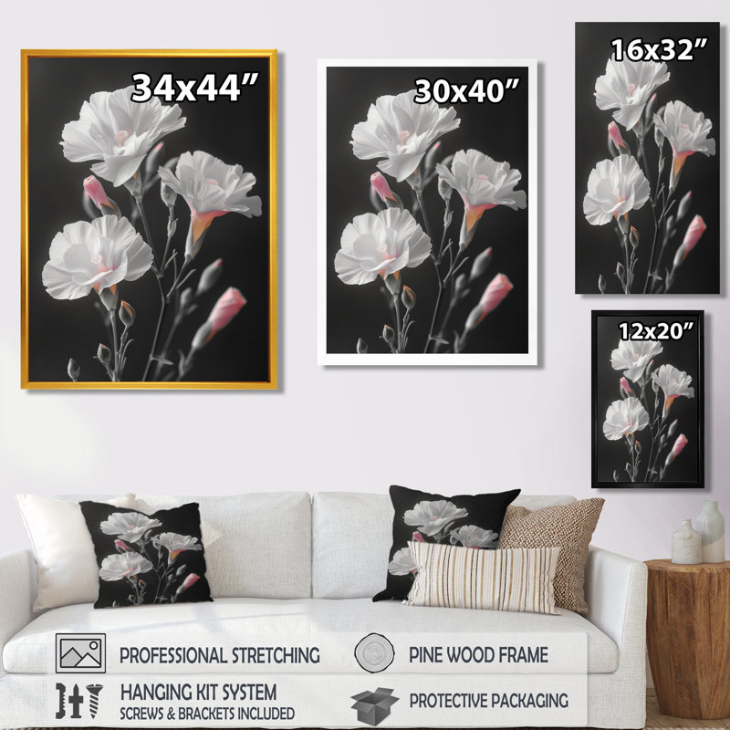 Oeillets botaniques blancs et gris - salon avec œillets, H 32 po x l 16 po x P 1 po, Toile encadrée noire simple