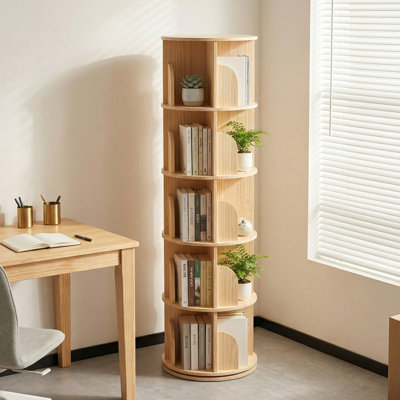 5 Tier Rotating Bookshelf, 360° Spinning Round Bookcase, Wooden Storage Shelf For Bedroom, Living Room, Home Office, Natural