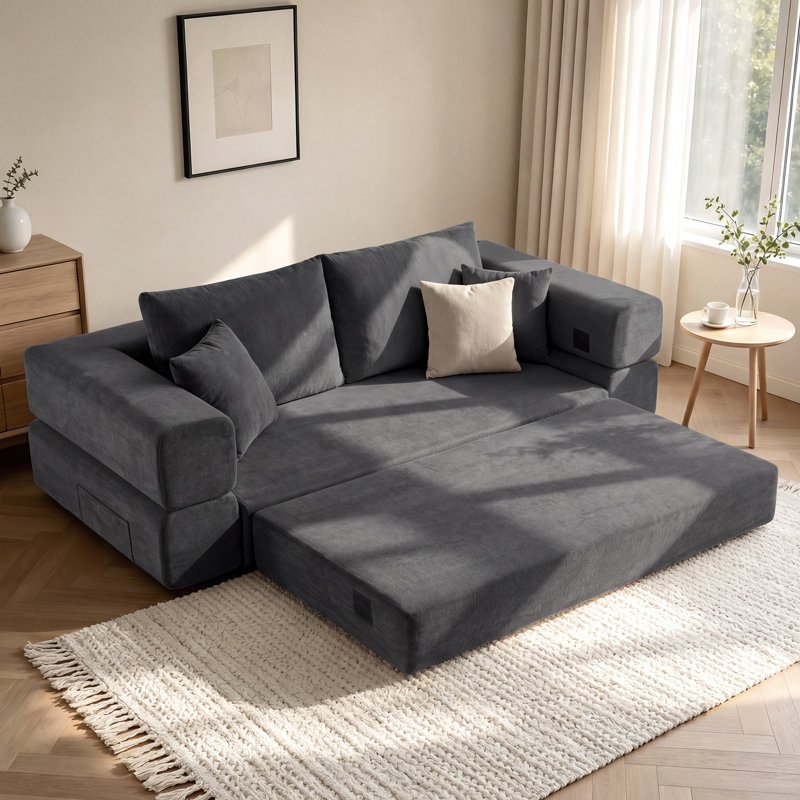 Boneless Convertible Floor Sofa Bed, 3 In 1 Compression Sofa With 2 Throw Pillows, No Assembly Required, Dark Gray