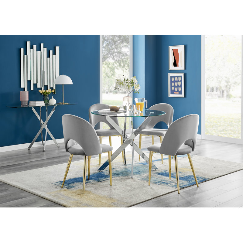 Novara Round Glass Dining Table & 4 Grey Arlon Gold Leg Chairs
