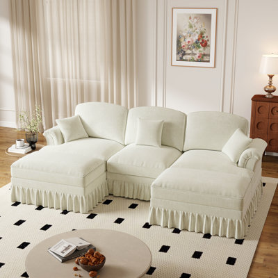 107.1'' Chenille Ruffled Pleated Skirt With Two Footstool Double Soft Cushion Sofa