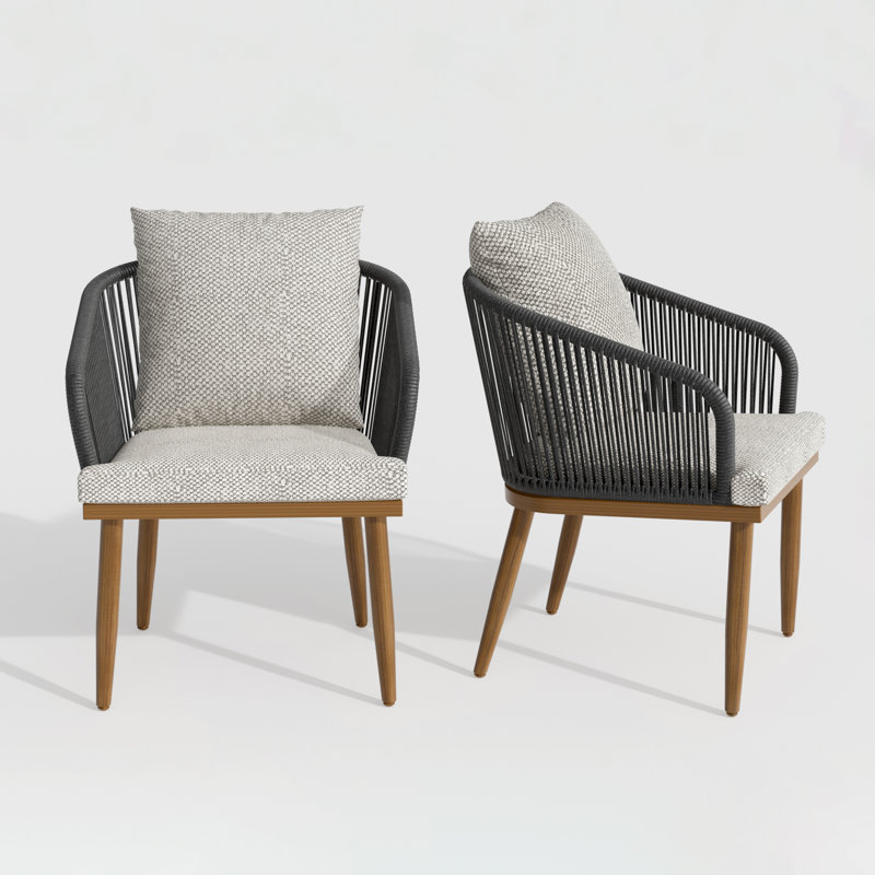 Patio Dining Armchair with Cushion, Beige Cushion/Grey/Brown Wood Frame