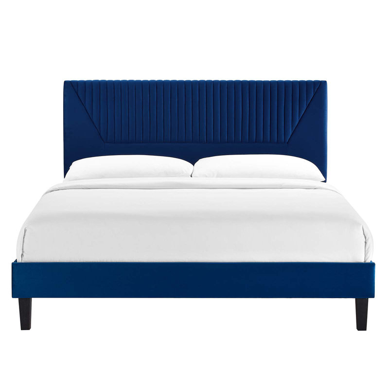 Navy Velvet Upholstered Queen Platform Bed with Tufted Headboard