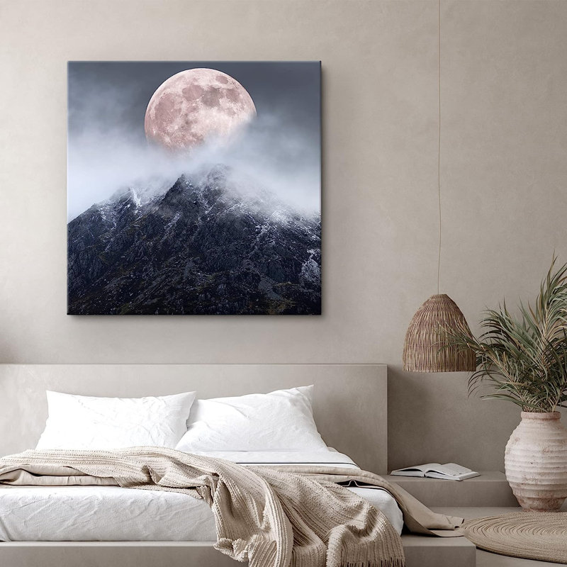 «Harvest Moon Cloudy Mist Sky Snowy Mountain Range», reproduction sur toile, H 12 po x l 12 po x P 1,5 po