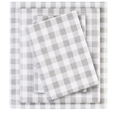 Gray Herringbone Check 100% Cotton Flannel 4 Pcs King Printed Sheet Soft Cozy With Flat Fitted Sheets And 2 Pillowcases Machine Washable For Easy Maintenance Handfeel Convenient